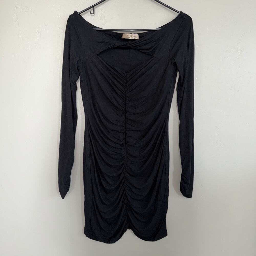 Bailey 44 Bodycon Black Dress Size Small Long Sleeve LBD Ruched Asymmetrical